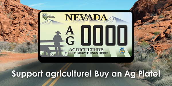 The new agriculture license plate is displayed in front of a rural Nevada road with red mountains on either side.